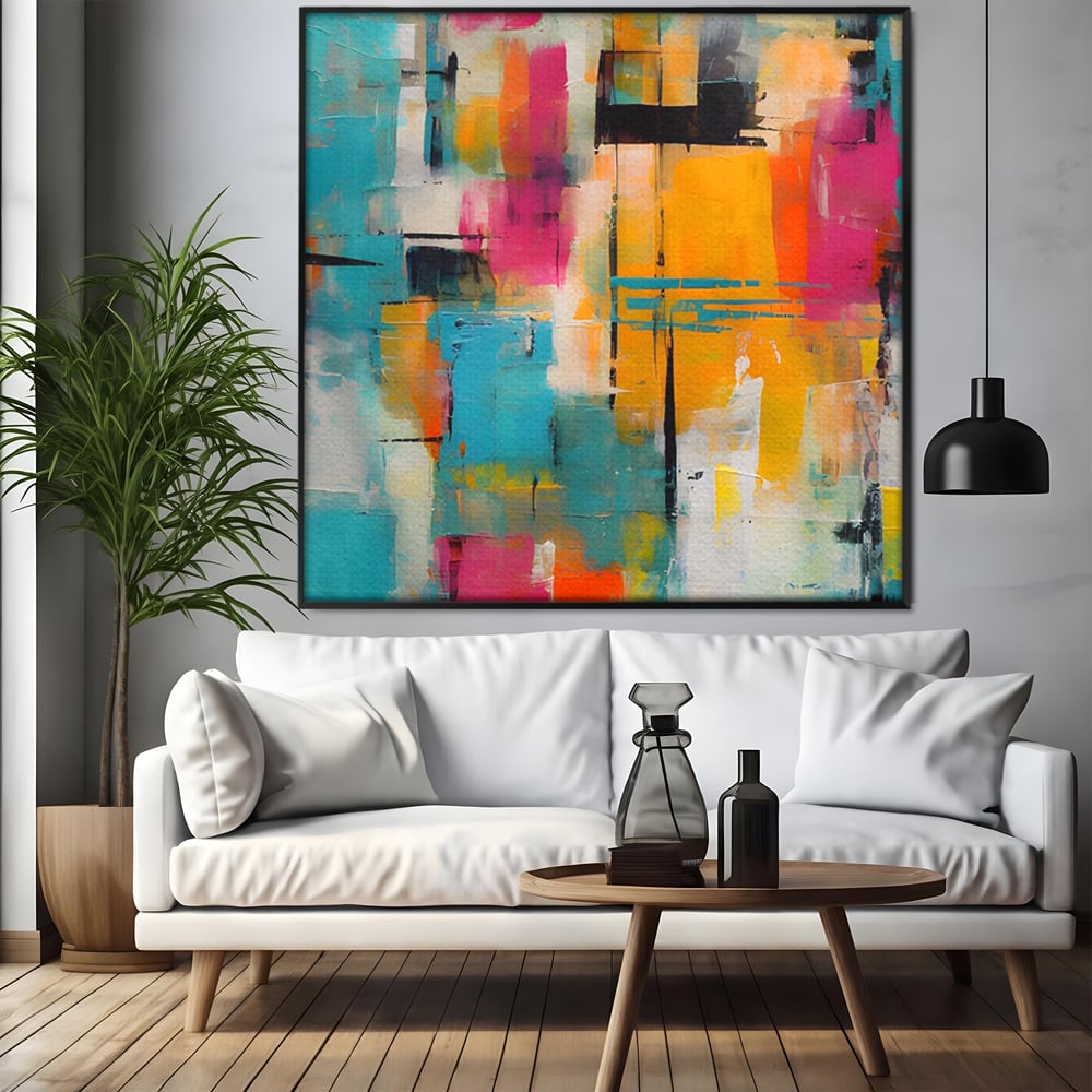 Tablou canvas cu pictura abstracta cu pete de culoare, in rama de aluminiu negru, pe perete intr-un living